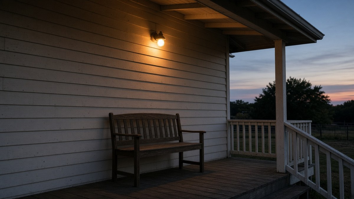 Addiction recovery center porch at dusk with one warm light and an empty bench