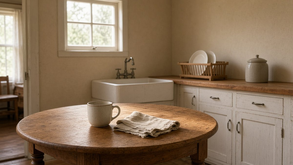 Addiction recovery program round kitchen table with one mug beside a farmhouse sink