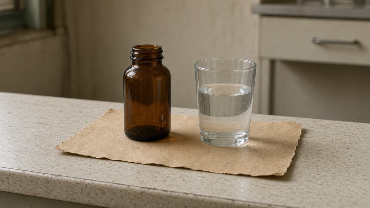 Alcohol addiction treatment still life with an empty amber bottle beside a water glass