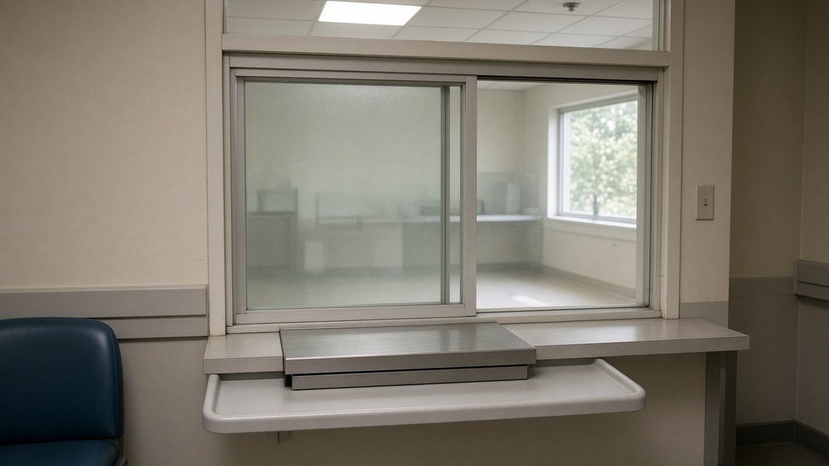 Drug addiction treatment dosing window seen from the waiting side, empty glass