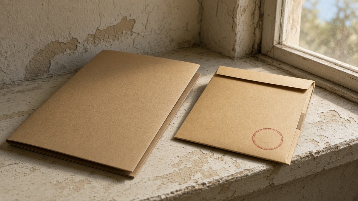 Drug rehab license folder and a stamped manila sleeve on a plaster clinic sill