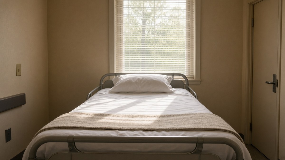 Inpatient rehab bed freshly made and empty under morning blinds and Texas sun