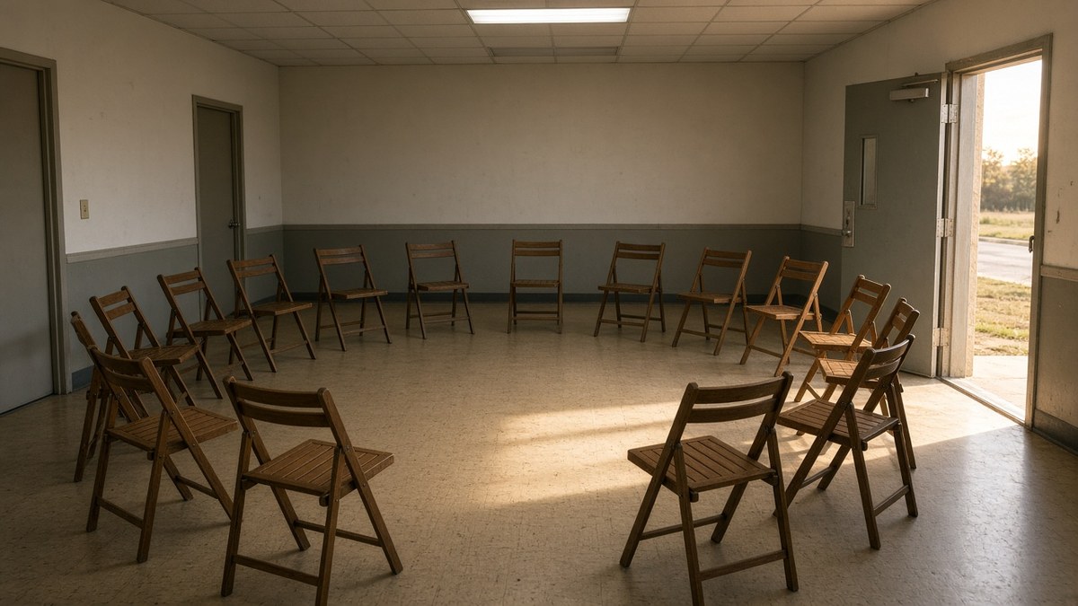 Recovery program for addiction meeting room, a circle of empty wooden folding chairs