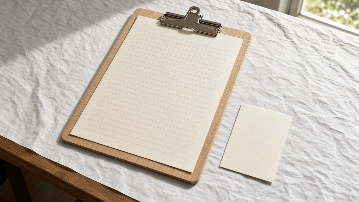 Rehab near me clipboard with empty ruled paper and a blank pocket card on exam tissue