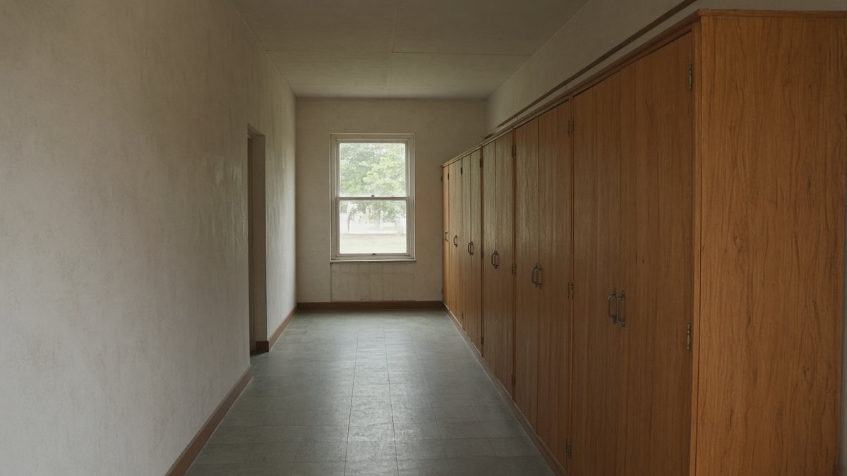 Treatment for substance abuse dorm hallway with blank wooden wardrobe doors